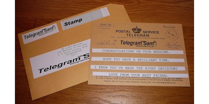 Telegram from Tekegram Sam which can be posted to any address in the UK or Europe or the World